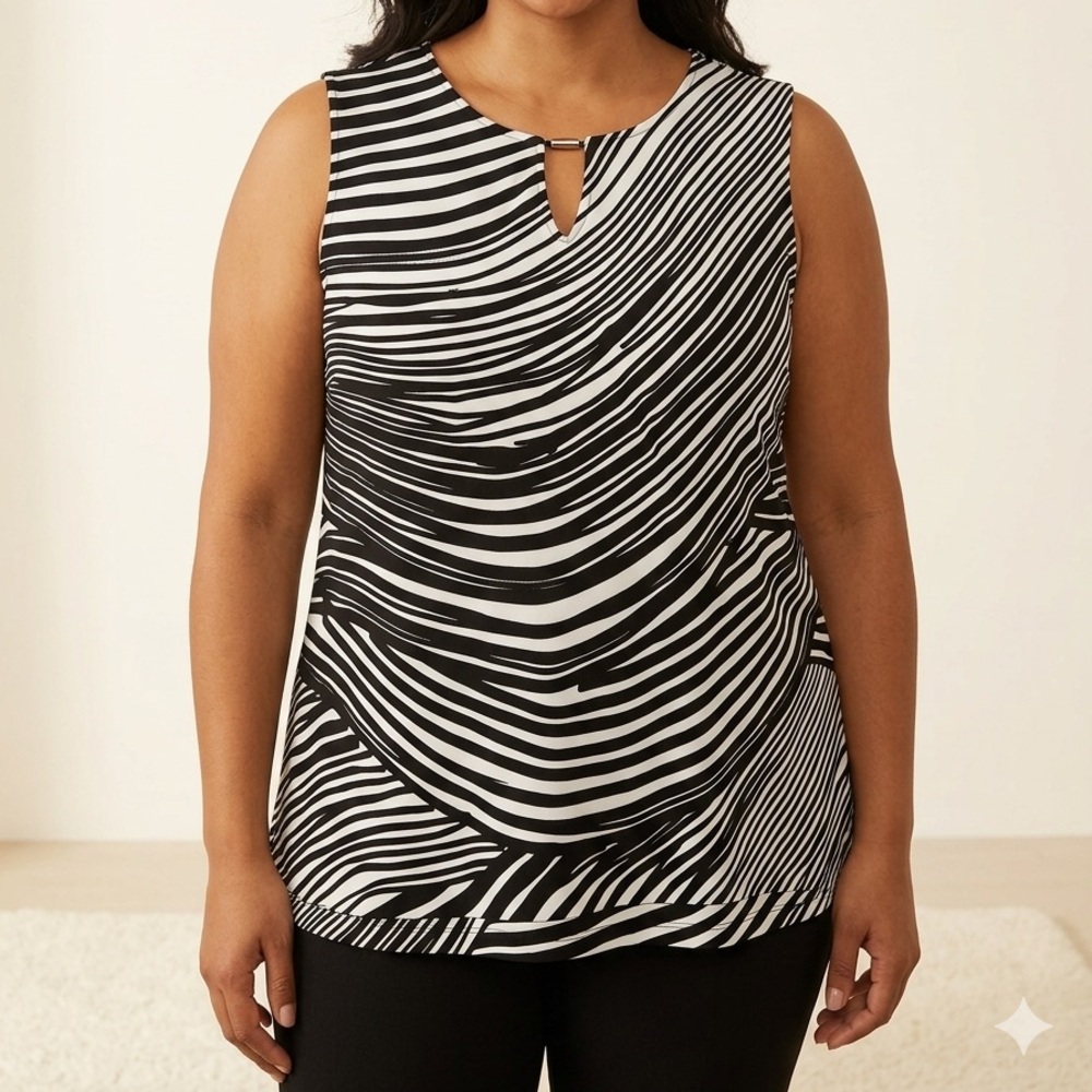 Liz Claiborne 1X Sleeveless Blouse Black White Abstract Stripe Knit Top